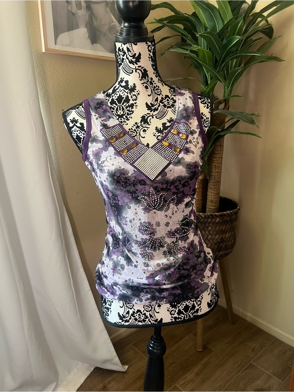 Bejeweled Purple Floral V-Neck Tank Top